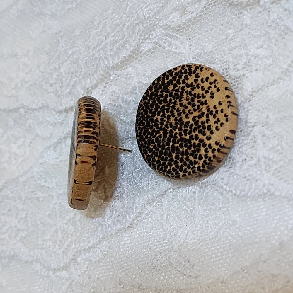 Vintage Round Wooden Animal Print Tan and Black Pierced Earrings